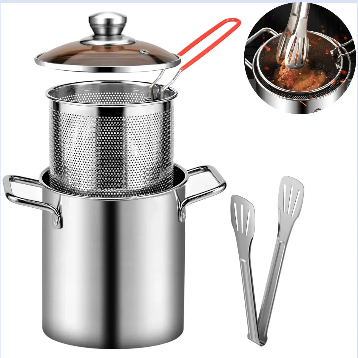 3PCS Deep Fryer Pot Set 304 Stainless Steel Fry Silver-1