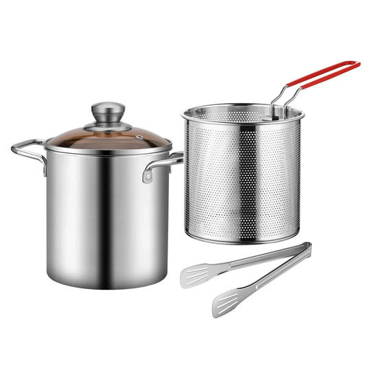 3PCS Deep Fryer Pot Set 304 Stainless Steel Fry Silver-0