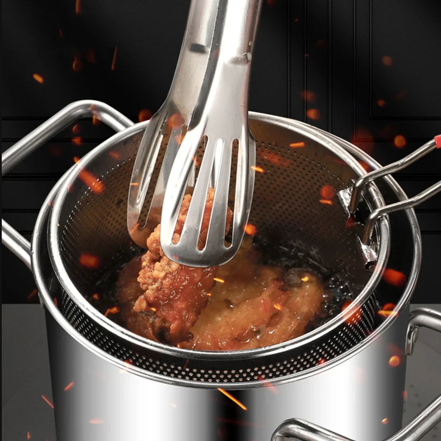 3PCS Deep Fryer Pot Set 304 Stainless Steel Fry Silver-2