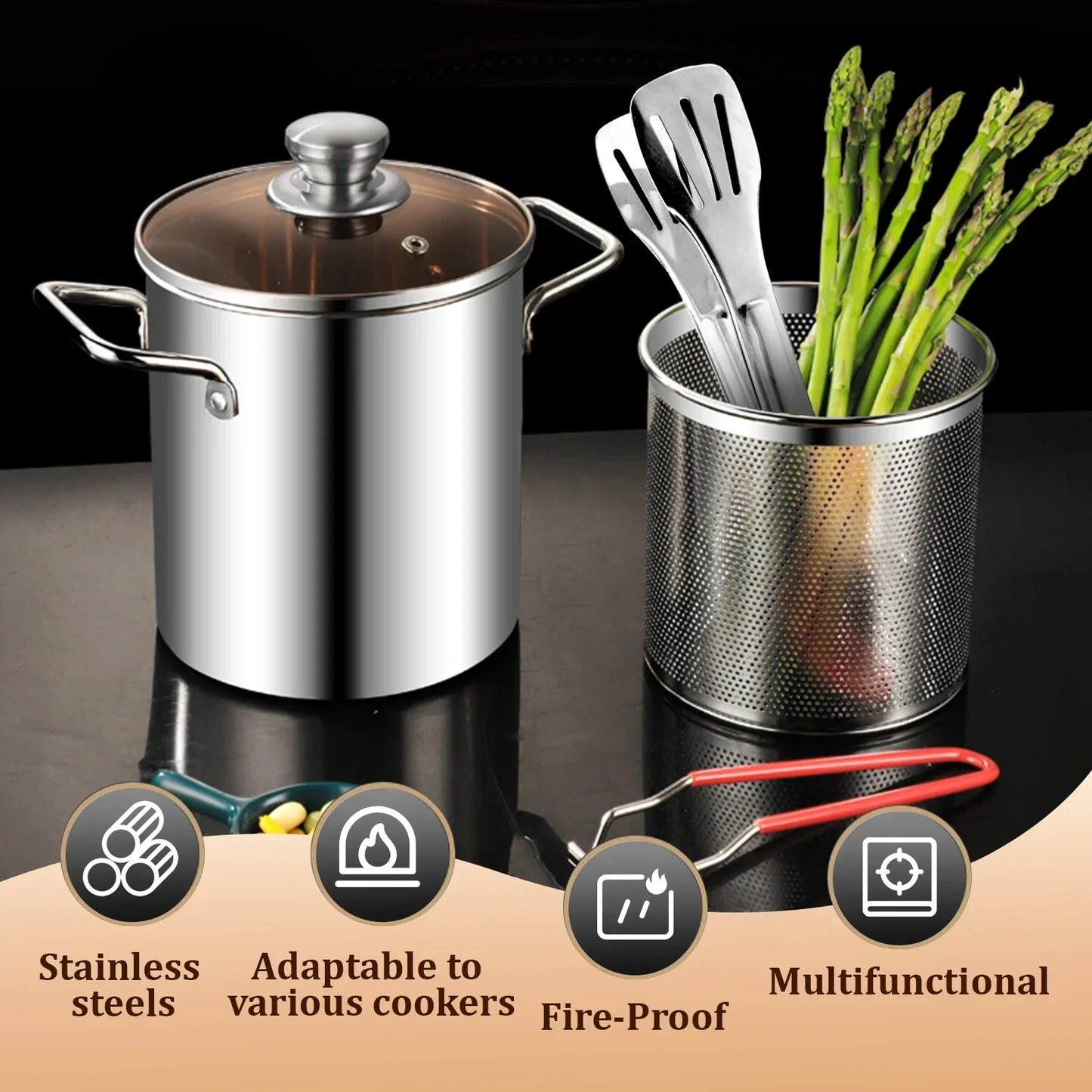 3PCS Deep Fryer Pot Set 304 Stainless Steel Fry Silver-3